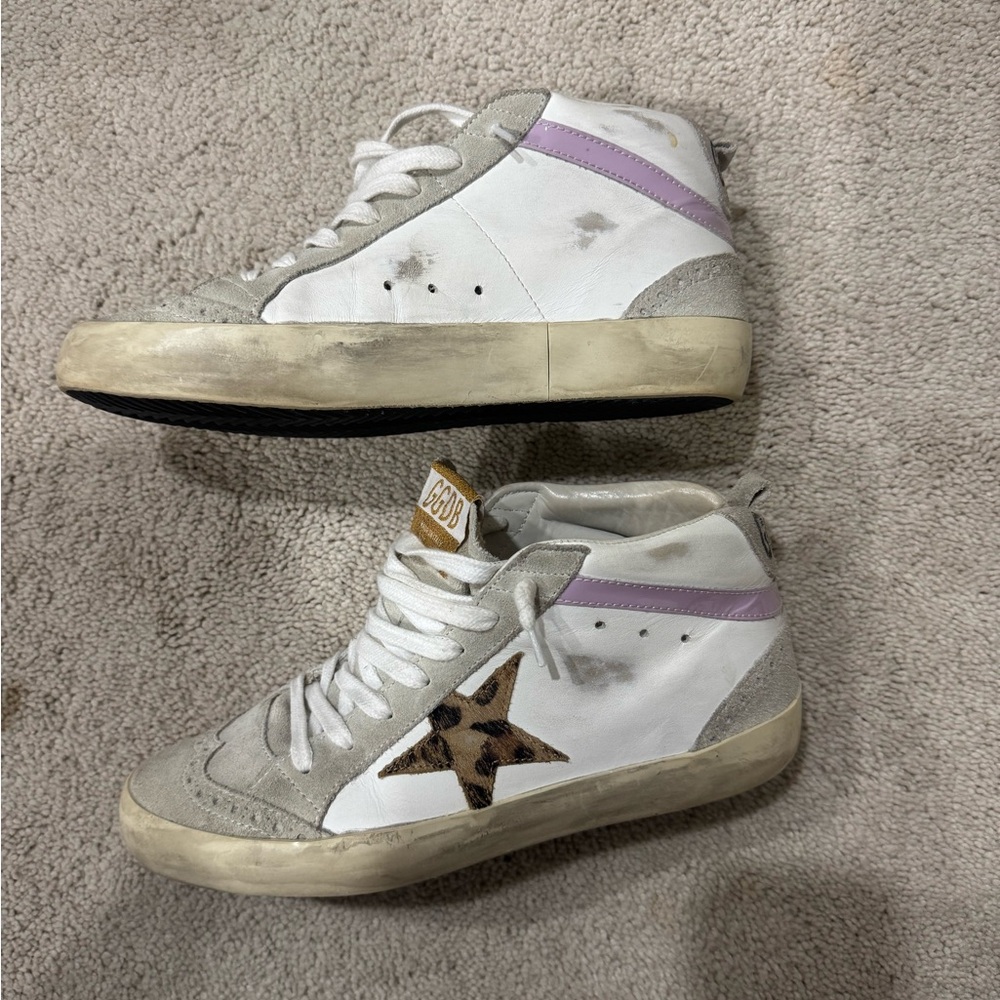 Golden Goose Mid Star Grey and White with Cheetah star